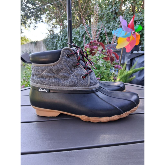 EUC Women's Skechers Black Grey Quilted Duck Winter Rain Boots US 8 - Picture 2 of 13